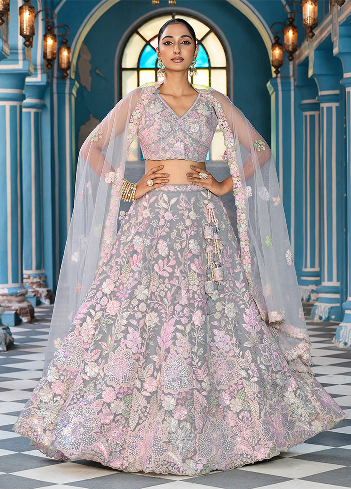 Grey Net Dupatta Lehenga Set
