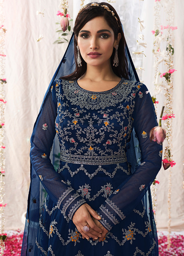 navy blue dress india 3 Pc Navy Blue Semi Stitched Satin Gown