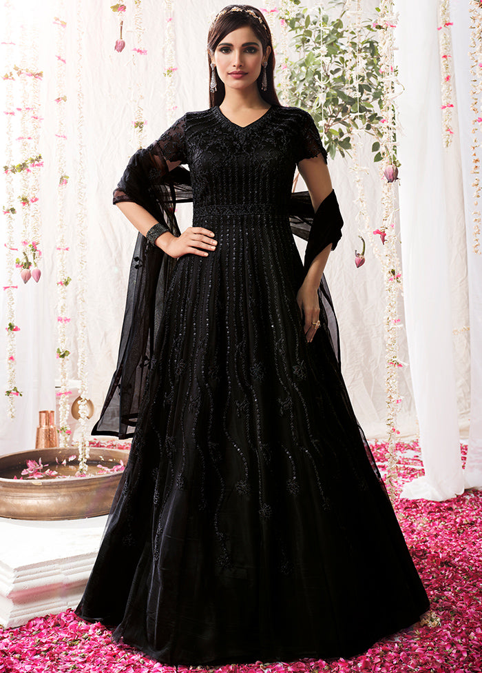 3 Pc Black Semi Stitched Satin Resham Thread Work Gown VDSL040436 - Indian Silk House Agencies