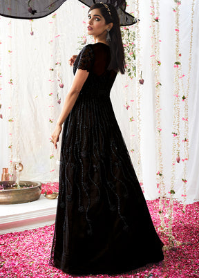 3 Pc Black Semi Stitched Satin Resham Thread Work Gown VDSL040436 - Indian Silk House Agencies