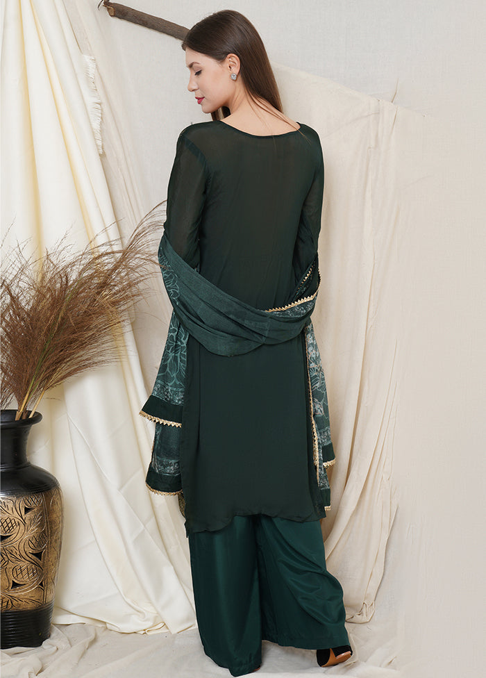 3 Pc Green Chinon Chiffon Unstitched Suit Set VDSL031122 - Indian Silk House Agencies