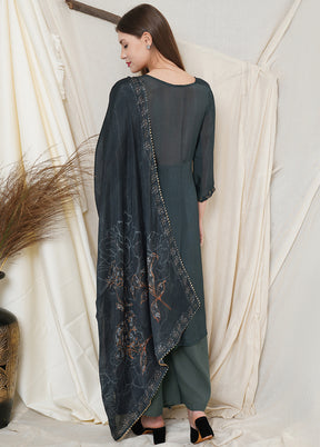 3 Pc Blue Chinon Chiffon Unstitched Suit Set VDSL031124 - Indian Silk House Agencies