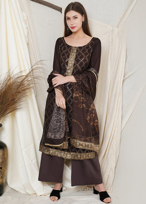 3 Pc Brown Chinon Chiffon Unstitched Suit Set VDSL031125 - Indian Silk House Agencies