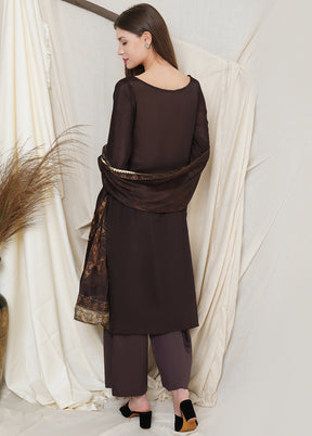 3 Pc Brown Chinon Chiffon Unstitched Suit Set VDSL031125 - Indian Silk House Agencies