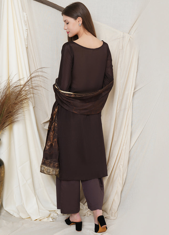 3 Pc Brown Chinon Chiffon Unstitched Suit Set VDSL031125 - Indian Silk House Agencies
