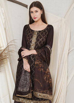3 Pc Brown Chinon Chiffon Unstitched Suit Set VDSL031125 - Indian Silk House Agencies
