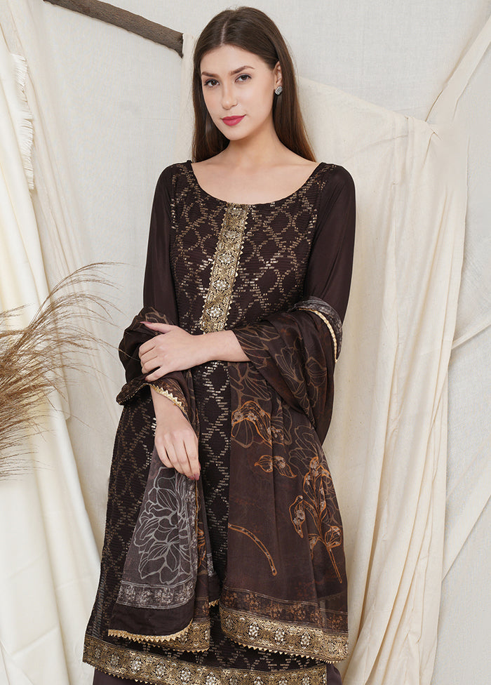 3 Pc Brown Chinon Chiffon Unstitched Suit Set VDSL031125 - Indian Silk House Agencies