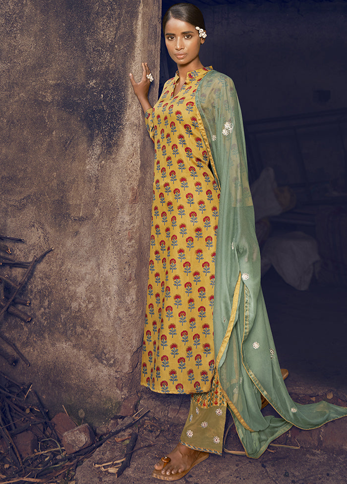 3 Pc Yellow Unstitched Pure Cotton Suit Set VDSL250322 - Indian Silk House Agencies