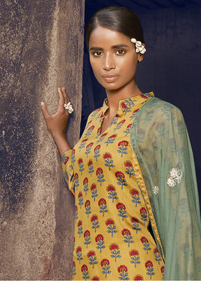 3 Pc Yellow Unstitched Pure Cotton Suit Set VDSL250322 - Indian Silk House Agencies