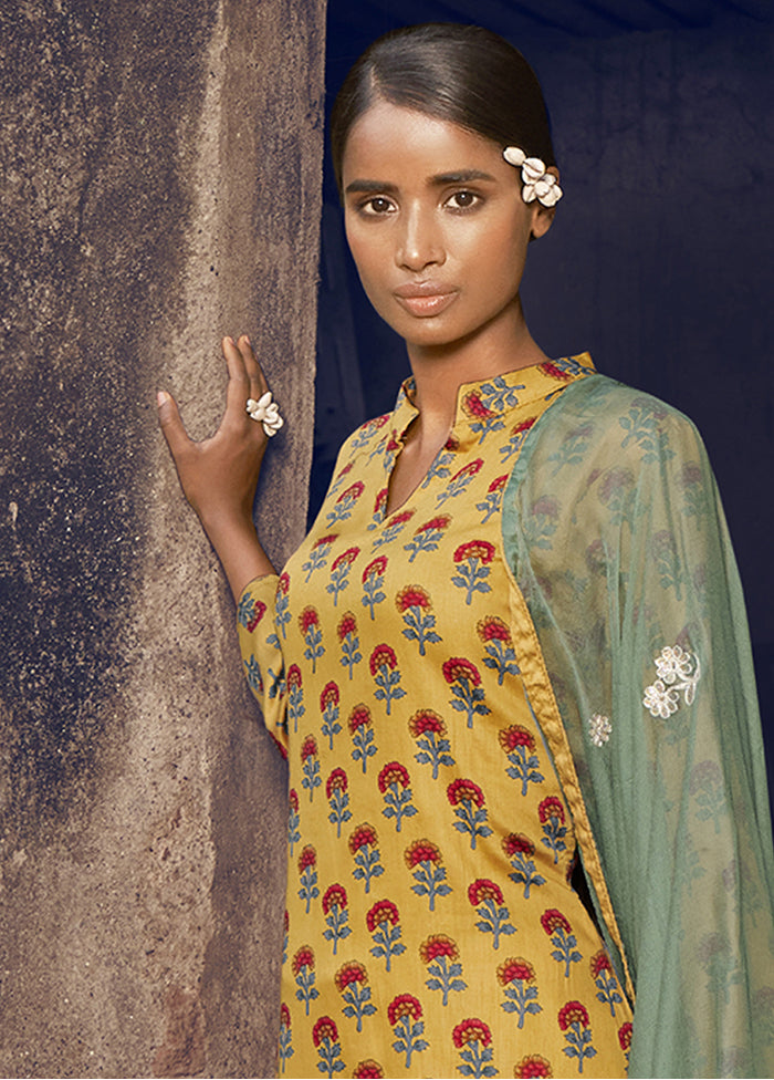 3 Pc Yellow Unstitched Pure Cotton Suit Set VDSL250322 - Indian Silk House Agencies