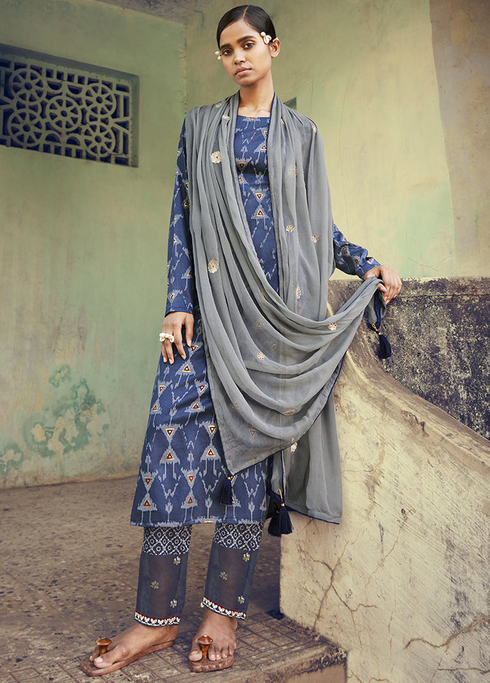 3 Pc Navy Blue Unstitched Pure Cotton Suit Set VDSL250324 - Indian Silk House Agencies