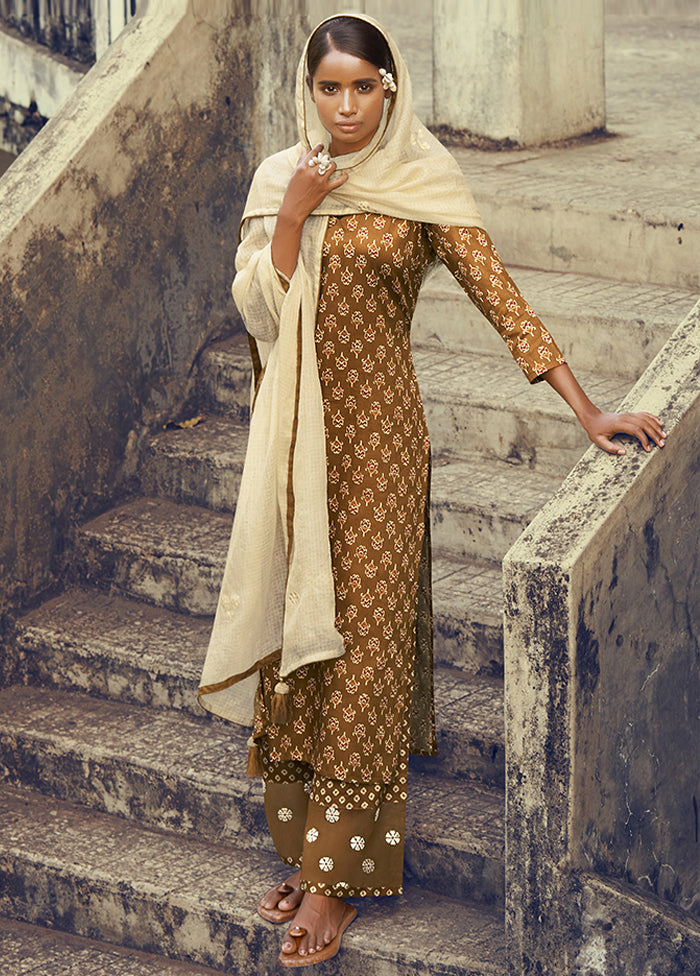 3 Pc Brown Unstitched Pure Cotton Suit Set VDSL250326 - Indian Silk House Agencies