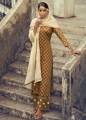 3 Pc Brown Unstitched Pure Cotton Suit Set VDSL250326 - Indian Silk House Agencies