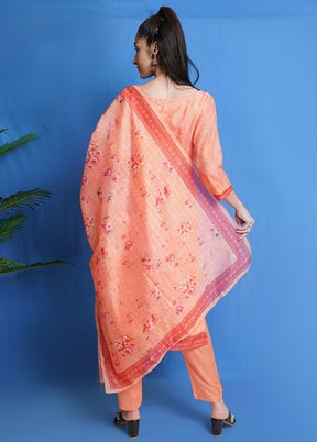 3 Pc Orange Unstitched Silk Printed Suit Set VDSL310329 - Indian Silk House Agencies