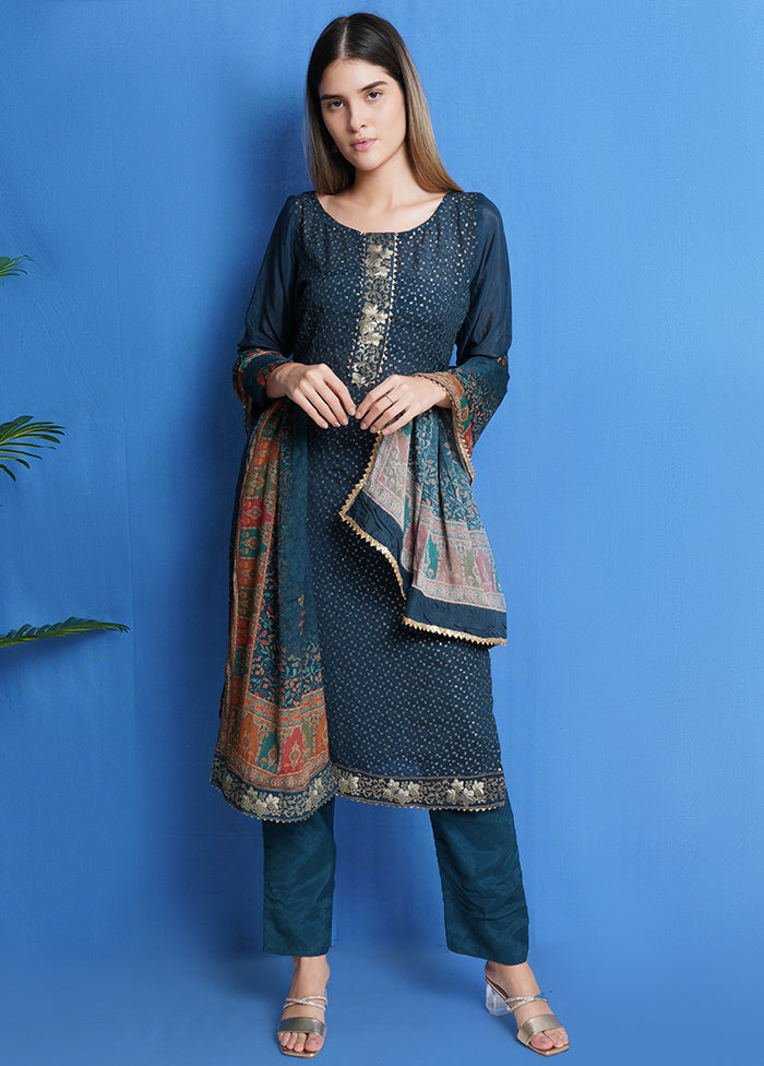 3 Pc Teal Unstitched Chinon Chiffon Suit Set VDSL040423 - Indian Silk House Agencies