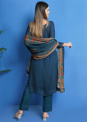 3 Pc Teal Unstitched Chinon Chiffon Suit Set VDSL040423 - Indian Silk House Agencies
