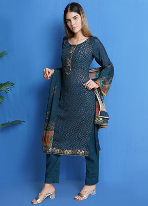 3 Pc Teal Unstitched Chinon Chiffon Suit Set VDSL040423 - Indian Silk House Agencies