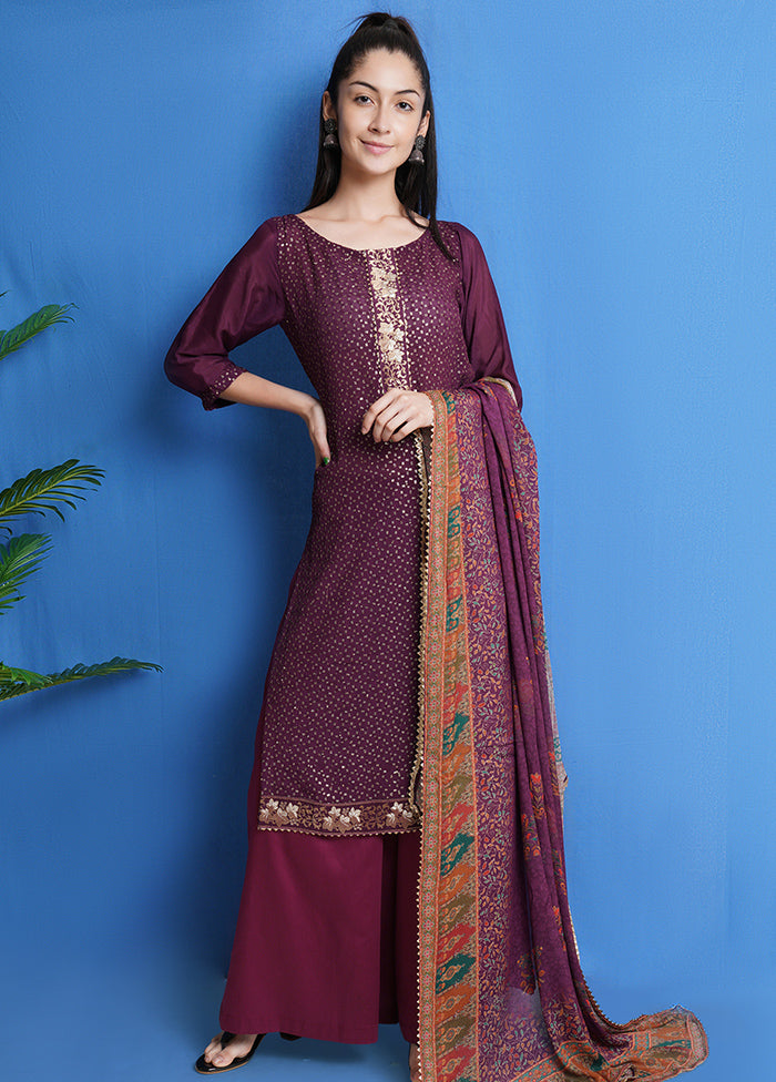 3 Pc Wine Unstitched Chinon Chiffon Suit Set VDSL040424 - Indian Silk House Agencies