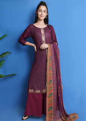 3 Pc Wine Unstitched Chinon Chiffon Suit Set VDSL040424 - Indian Silk House Agencies