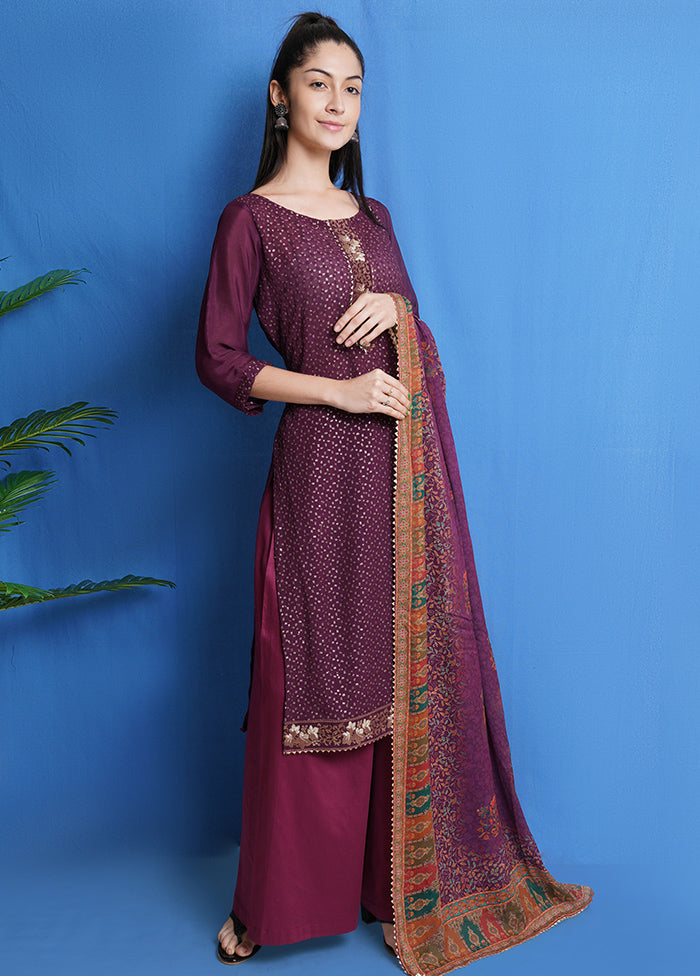 3 Pc Wine Unstitched Chinon Chiffon Suit Set VDSL040424 - Indian Silk House Agencies