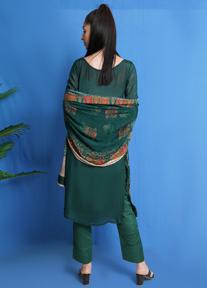 3 Pc Green Unstitched Chinon Chiffon Suit Set VDSL040425 - Indian Silk House Agencies
