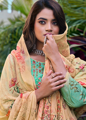 3 Pc Sea Green Unstitched Cotton Suit Set VDSL130424 - Indian Silk House Agencies