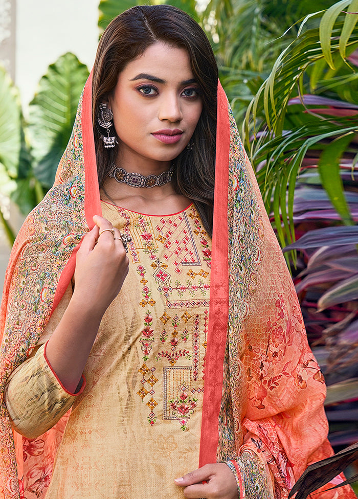 3 Pc Beige Unstitched Cotton Suit Set VDSL130425 - Indian Silk House Agencies