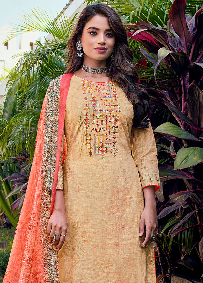 3 Pc Beige Unstitched Cotton Suit Set VDSL130425 - Indian Silk House Agencies