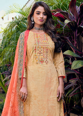 3 Pc Beige Unstitched Cotton Suit Set VDSL130425 - Indian Silk House Agencies