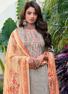 3 Pc Grey Unstitched Cotton Printed Suit Set VDSL130426 - Indian Silk House Agencies