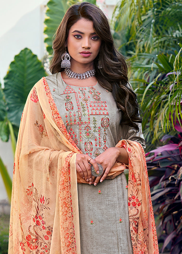 3 Pc Grey Unstitched Cotton Printed Suit Set VDSL130426 - Indian Silk House Agencies