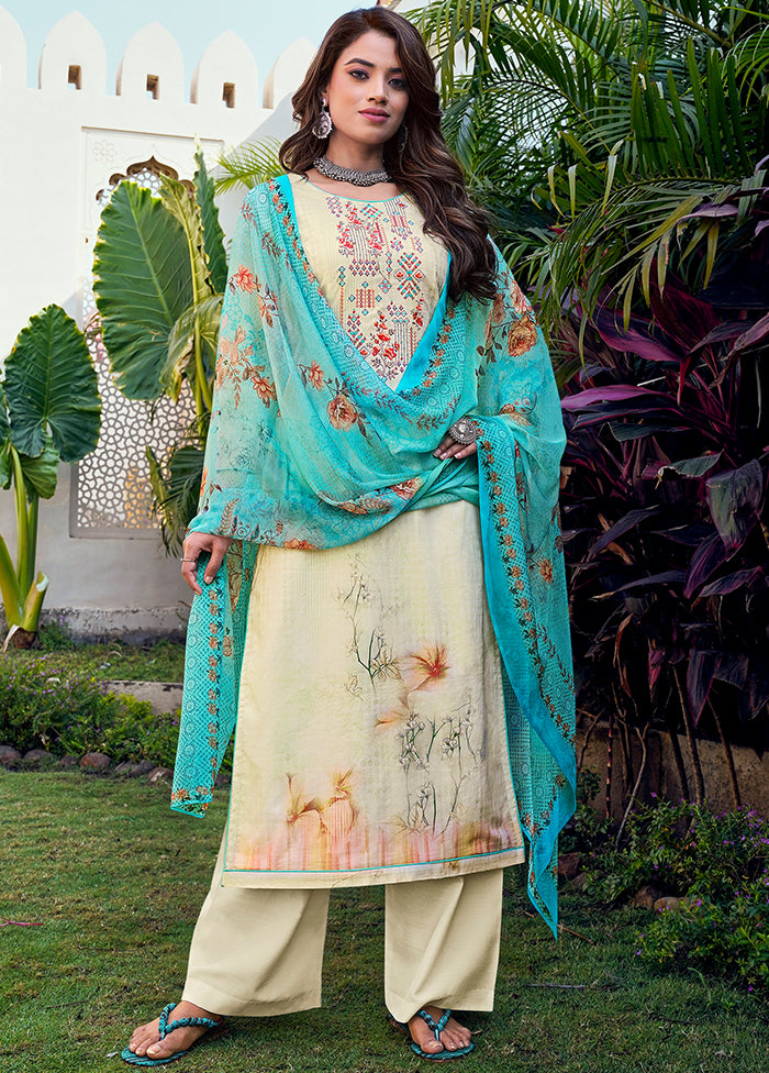 3 Pc Cream Unstitched Cotton Suit Set VDSL130427 - Indian Silk House Agencies