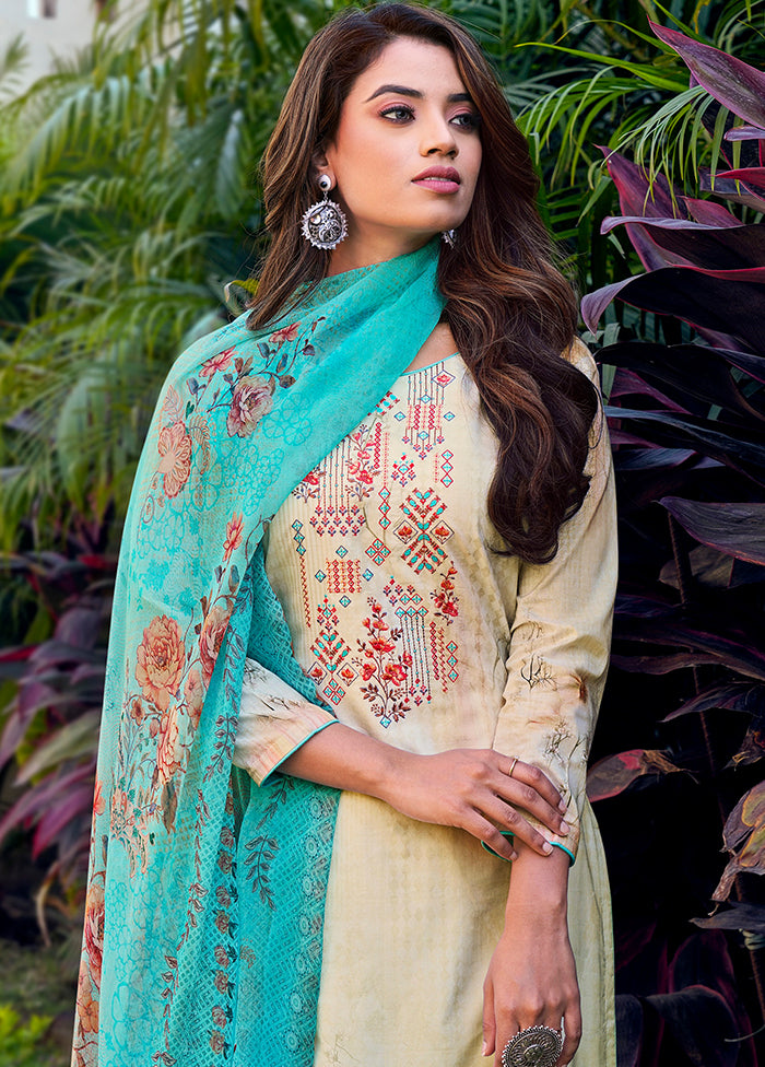 3 Pc Cream Unstitched Cotton Suit Set VDSL130427 - Indian Silk House Agencies