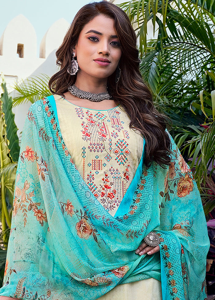 3 Pc Cream Unstitched Cotton Suit Set VDSL130427 - Indian Silk House Agencies