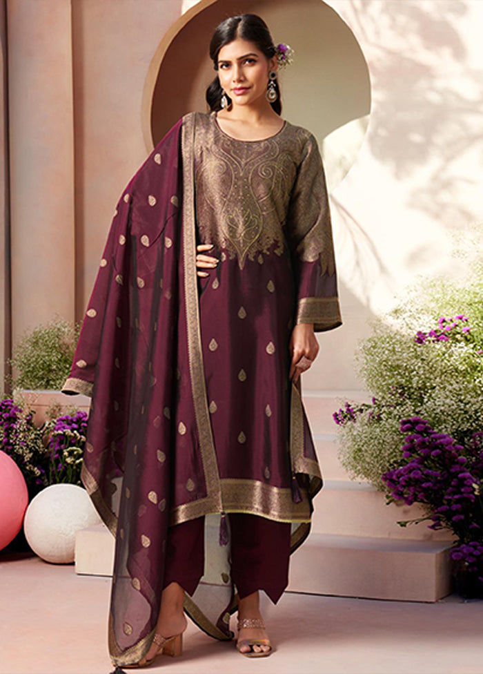 3 Pc Wine Silk Suit Set