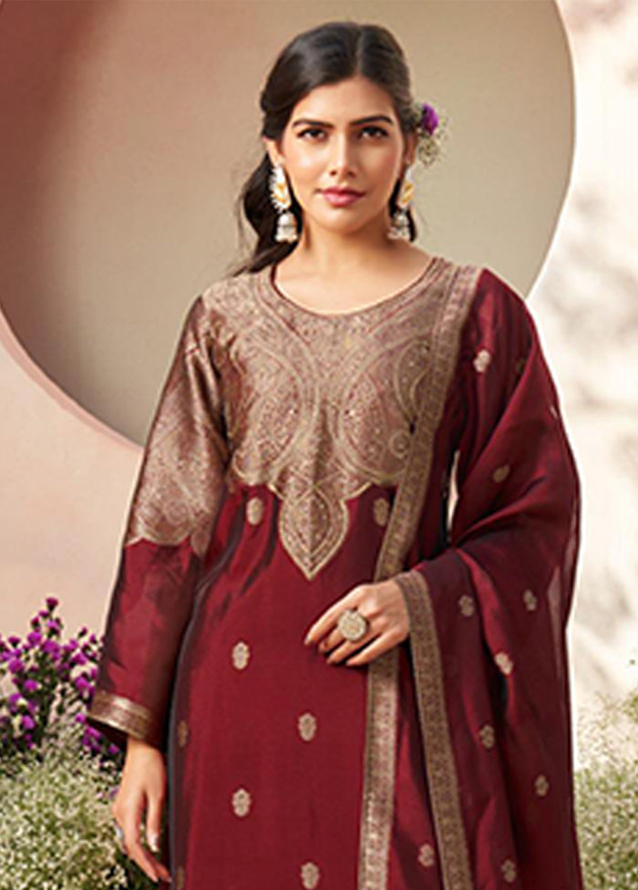 3 Pc Maroon Silk Suit Set