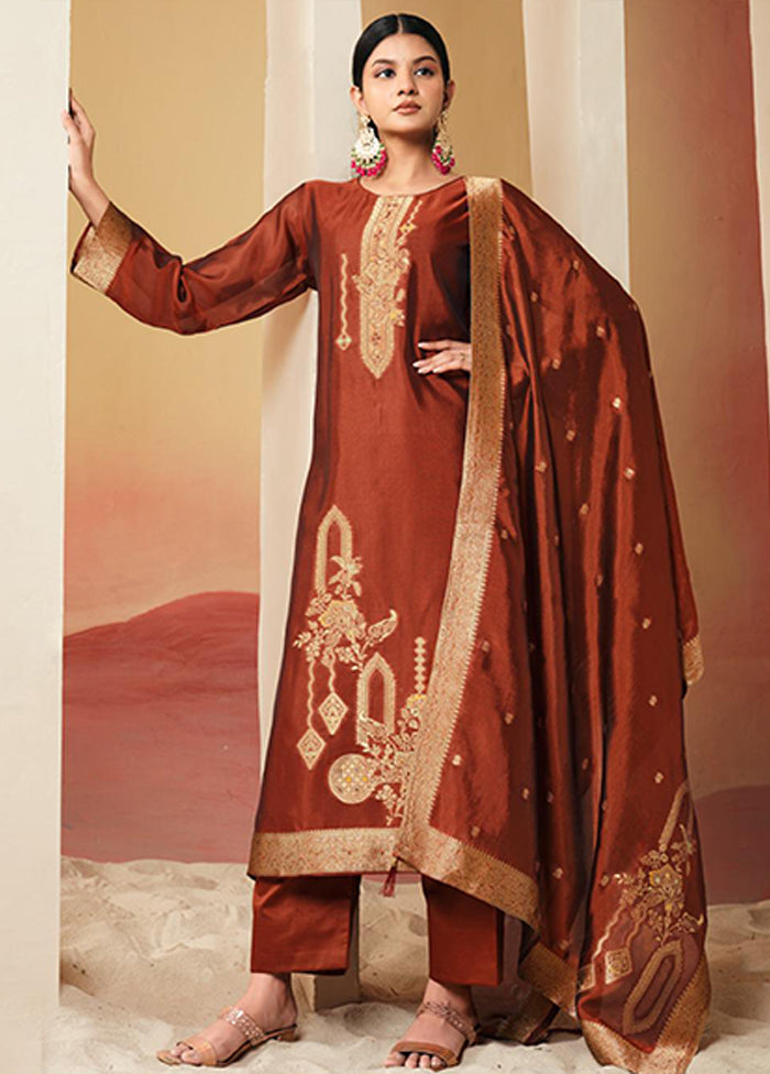 3 Pc Brown Silk Suit Set