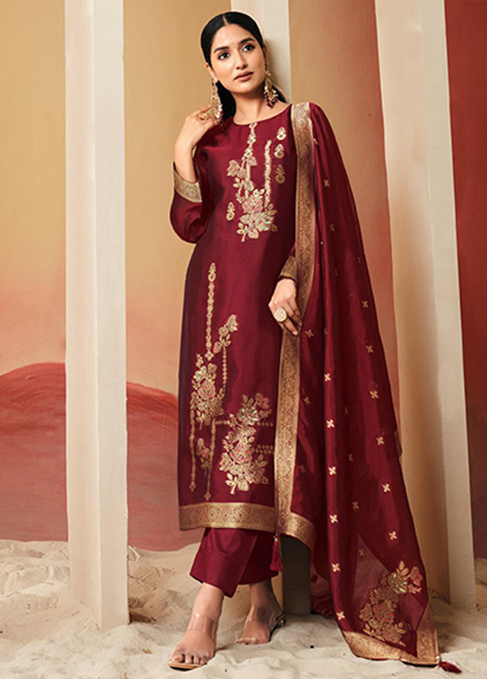 3 Pc Maroon Silk Suit Set