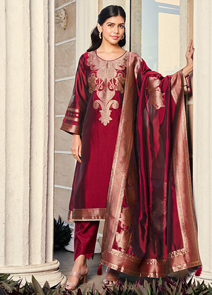 3 Pc Maroon Silk Suit Set