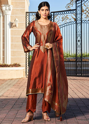 3 Pc Brown Silk Suit Set