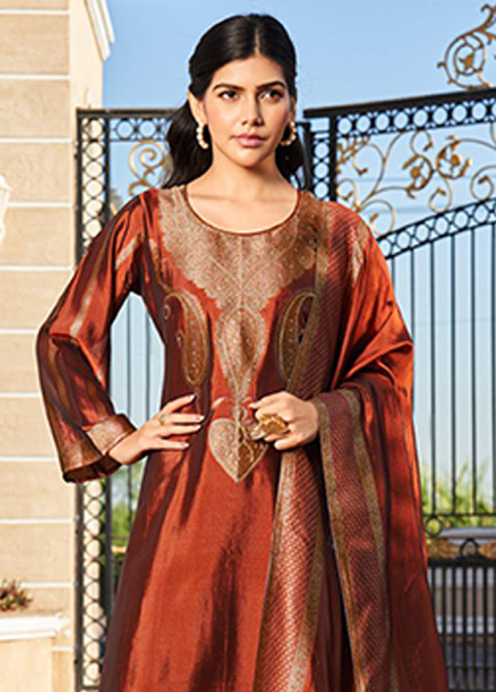 3 Pc Brown Silk Suit Set