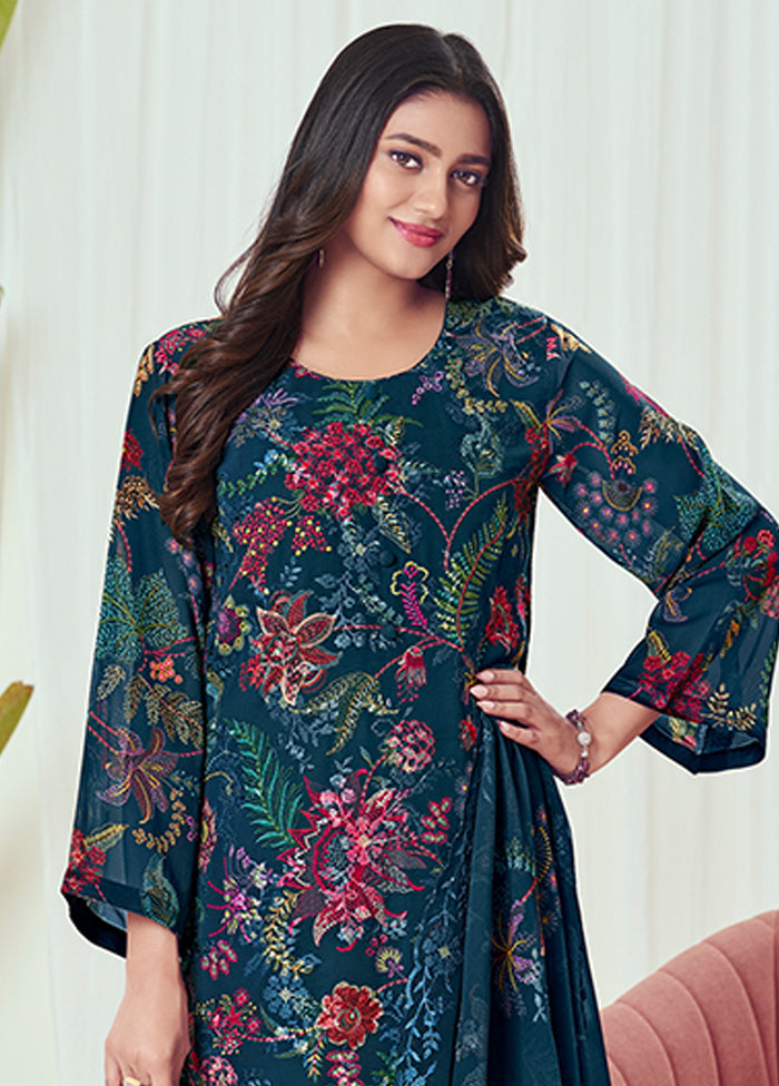 3 Pc Blue Georgette Suit Set
