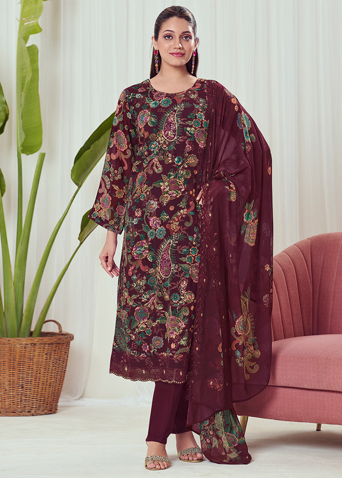 3 Pc Maroon Georgette Suit Set