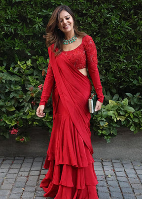 red blended silk lehenga set