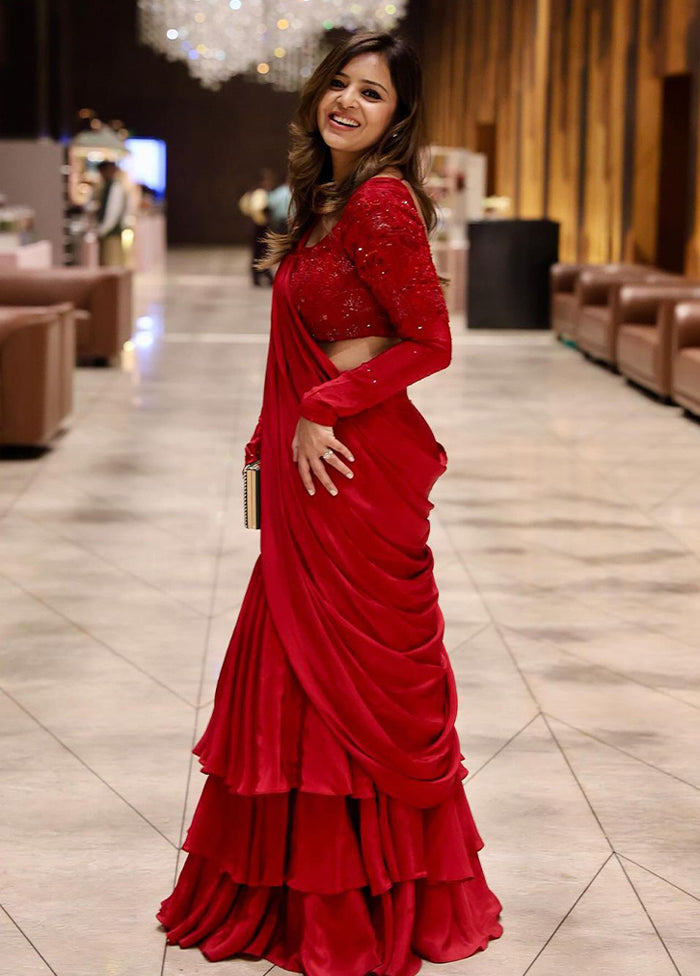 red blended silk lehenga set