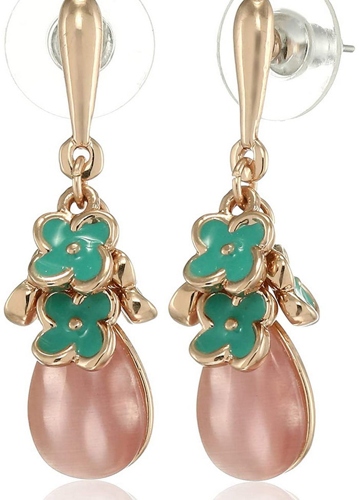 Estele Tear Drop Shaped Green Coloured Bead And Rose Gold Plated Flower Charms Hanging Earrings For