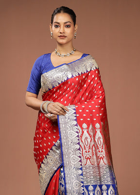 Red Handloom Banarasi Pure Silk Saree With Blouse Piece