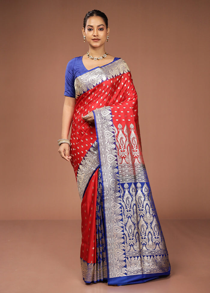 Red Handloom Banarasi Pure Silk Saree With Blouse Piece