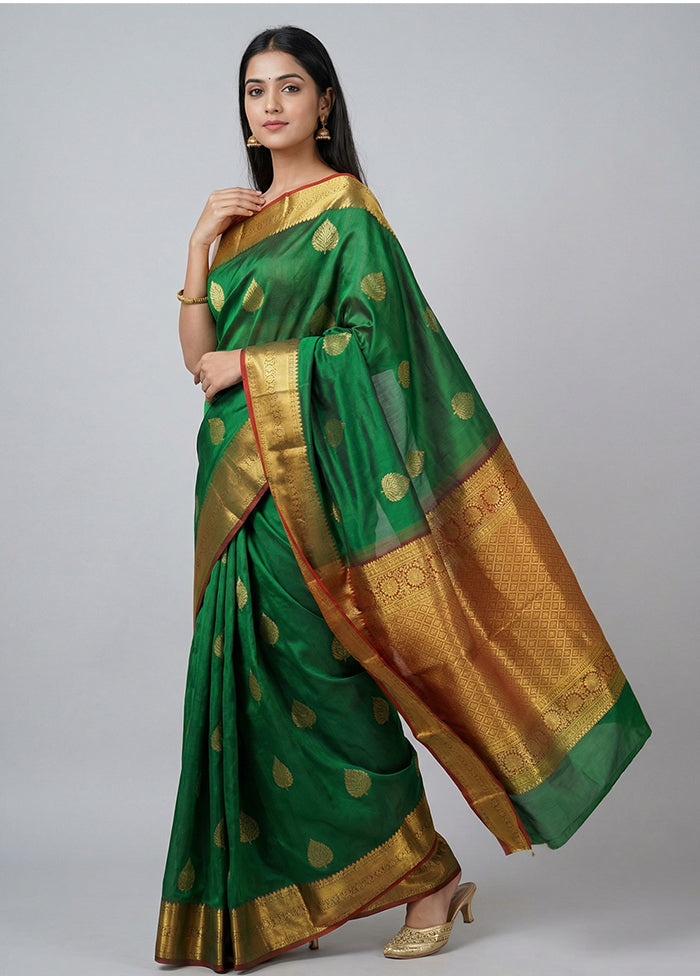 Green Handloom Kanchipuram Pure Silk Saree With Blouse Piece