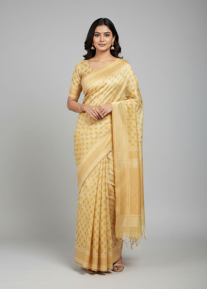 Yellow Kora Silk Saree With Blouse Piece